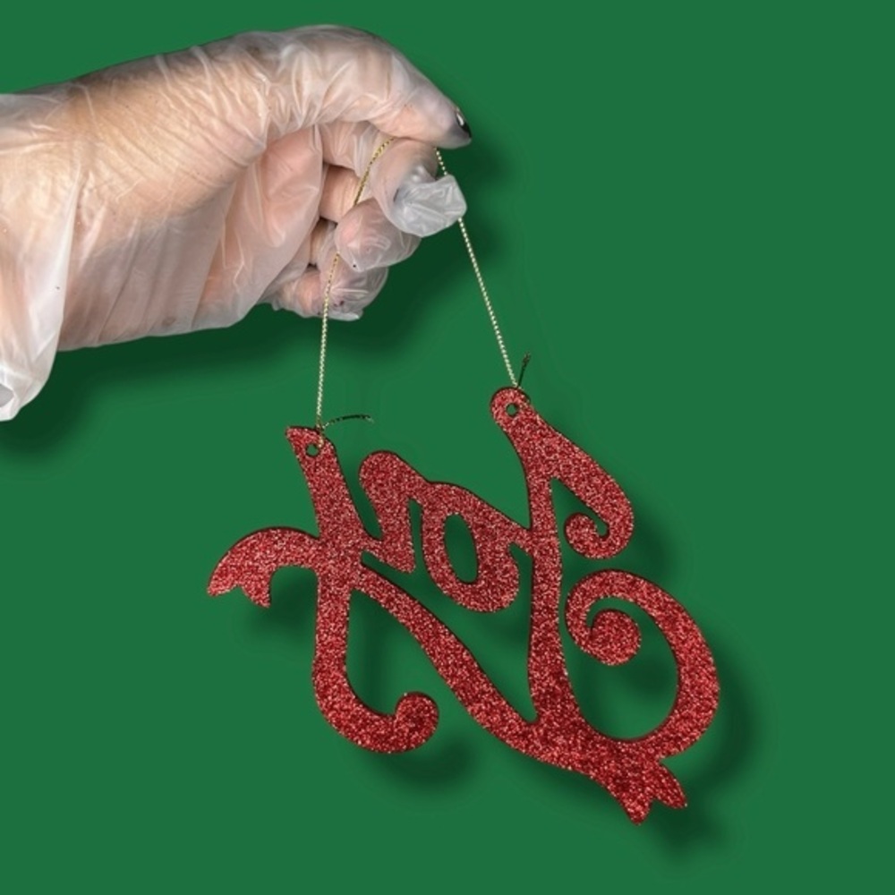 Red Glittery Cursive “Joy” Christmas Ornament - “Dressing”